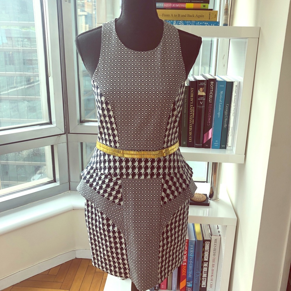SASS & BIDE HOUNDSTOOTH DRESS WITH GOLD METAL TRIM